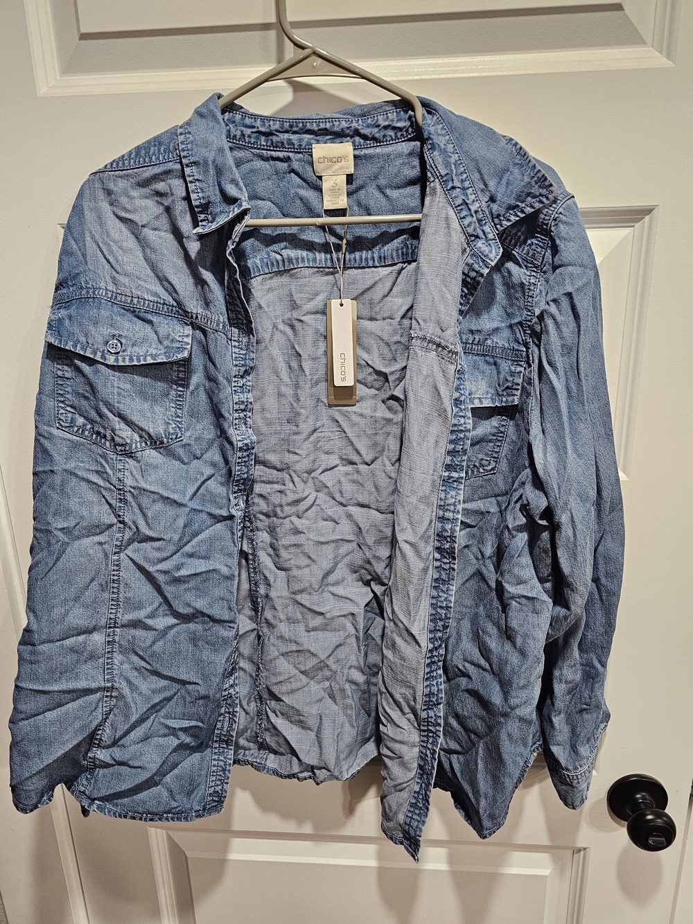 Chico's Denim Button-Up Shirt Jacket in Light Blue